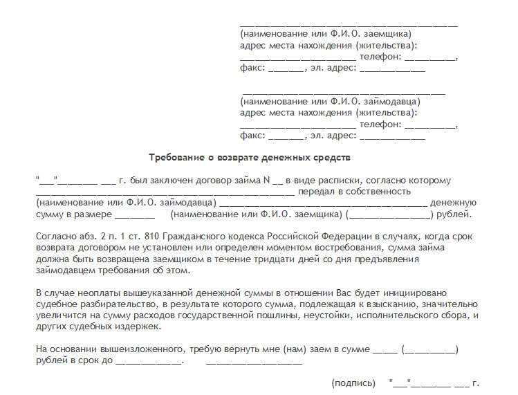 Претензия на возврат денежных средств по договору займа образец